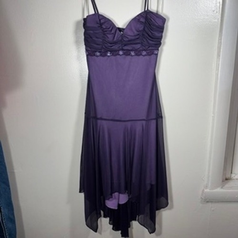 Vintage Y2K Dress Sz S Purple Ruched Mesh Fairycore Prom Asymmetric Whimsigoth